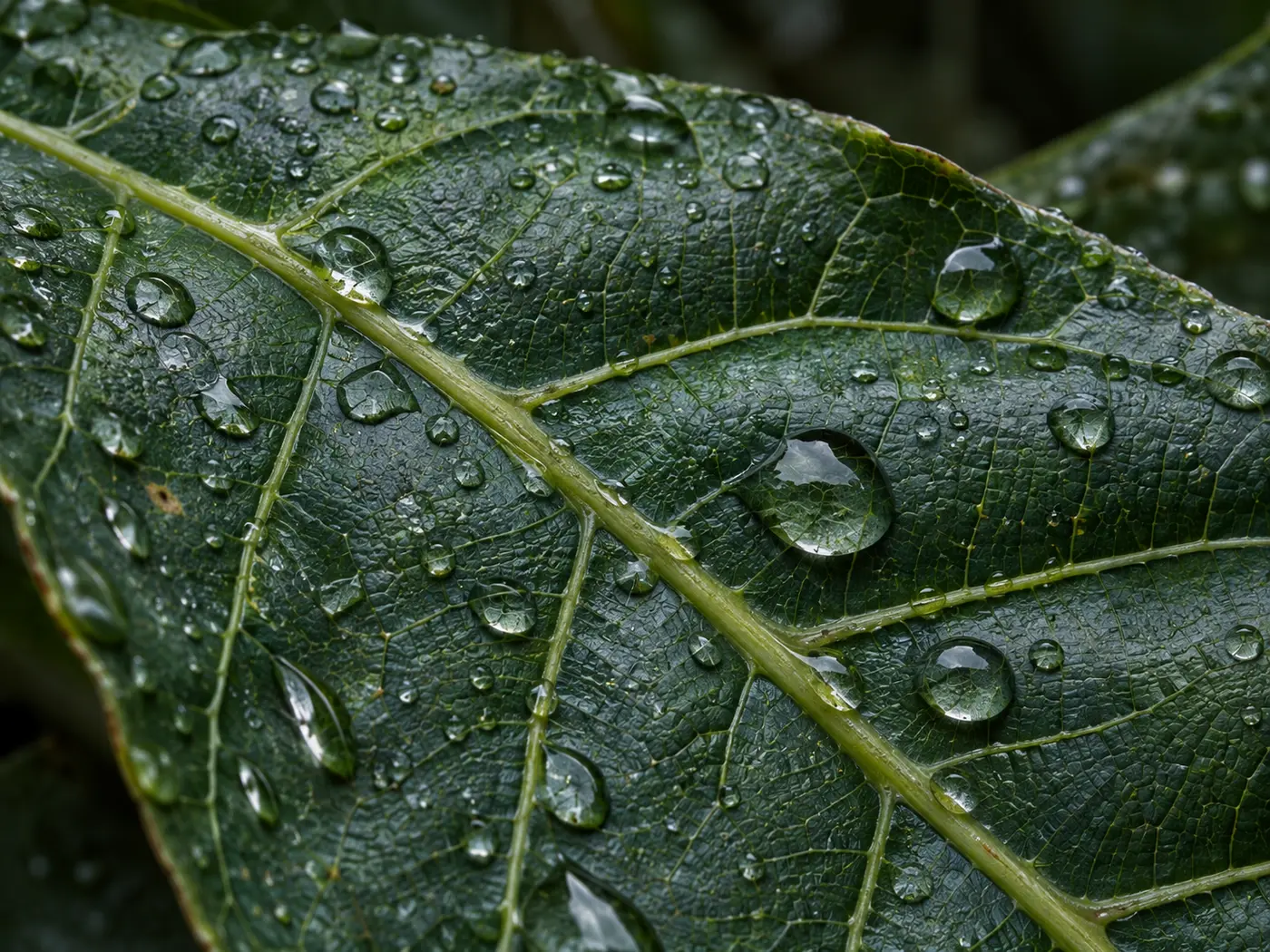 Microtextura de folha com nervuras e gotas de água